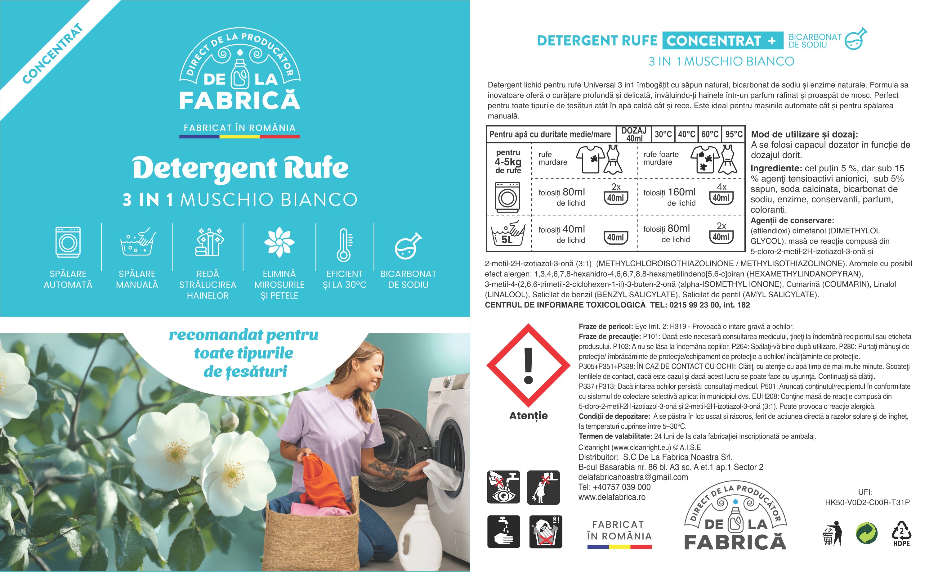 Detergent rufe concentrat 3 in 1 Muschio Bianco cu bicarbonat - DeLaFabrica